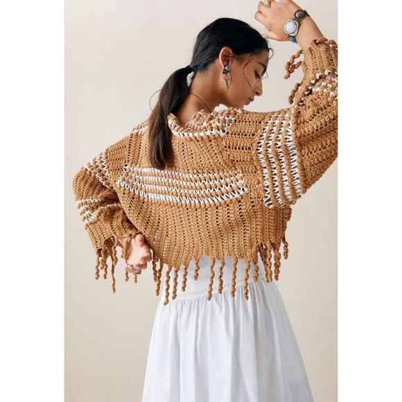 Zara studio crochet knit fringed two tone sweater honey tan - Picture 2 of 11